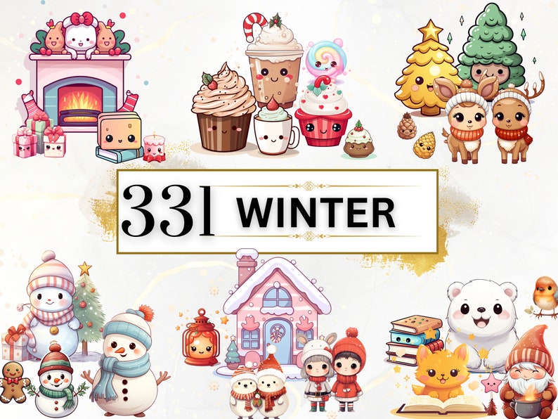 The image displays winter kawaii clipart bundle that features ginger bread, snowman, gnomes, fireplace, trees, clothes, food, drinks, candles, animals, etc. Used colors like blue, gold, white and red to create festive ambiance for the bundle.