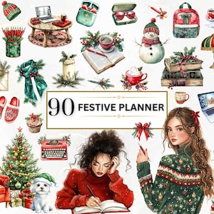 Clipart di pianificatore invernale Adesivi di pianificatore festivo Clipart di diario acquerello Planner Girl PNG Clipart di amante del pianificatore accogliente Clipart di libro invernale