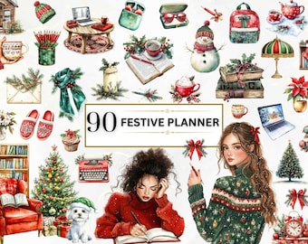 May include: A set of 90 festive planner stickers featuring illustrations of winter holidays, including a snowman, a Christmas tree, a woman writing in a journal, a typewriter, and a stack of books. The stickers are perfect for adding a touch of holiday cheer to your planner or journal.
