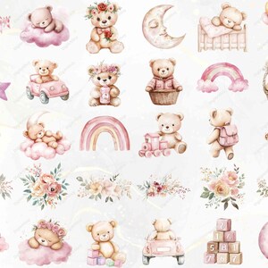 May include: A set of 25 watercolor illustrations featuring cute teddy bears in various poses and settings. The illustrations include teddy bears with flowers, rainbows, clouds, stars, and other baby-themed elements. The illustrations are perfect for scrapbooking, card making, and other craft projects.