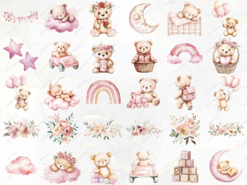 May include: A set of 25 watercolor illustrations featuring cute teddy bears in various poses and settings. The illustrations include teddy bears with flowers, rainbows, clouds, stars, and other baby-themed elements. The illustrations are perfect for scrapbooking, card making, and other craft projects.