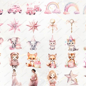 Peut inclure: Un ensemble d'illustrations num&eacute;riques repr&eacute;sentant divers animaux mignons, des &eacute;toiles, des arcs-en-ciel et des voitures. Les illustrations sont r&eacute;alis&eacute;es dans un style aquarelle et pr&eacute;sentent des couleurs pastel rose, bleu et jaune.