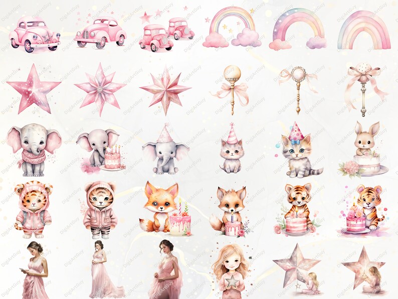 Peut inclure: Un ensemble d'illustrations num&eacute;riques repr&eacute;sentant divers animaux mignons, des &eacute;toiles, des arcs-en-ciel et des voitures. Les illustrations sont r&eacute;alis&eacute;es dans un style aquarelle et pr&eacute;sentent des couleurs pastel rose, bleu et jaune.