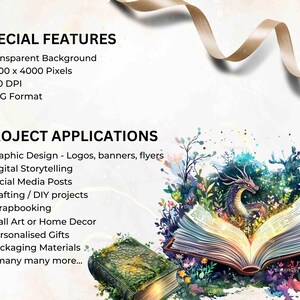 Special features and applications of the dragon book clipart. Highlights include transparent background, 4000x4000 pixels, and 300 DPI. Lists project uses like digital storytelling, scrapbooking, and crafting.
