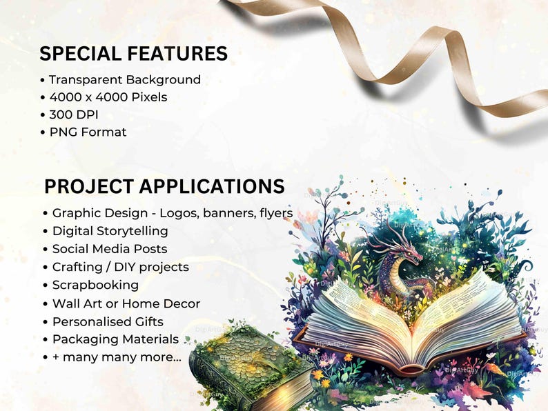 Special features and applications of the dragon book clipart. Highlights include transparent background, 4000x4000 pixels, and 300 DPI. Lists project uses like digital storytelling, scrapbooking, and crafting.