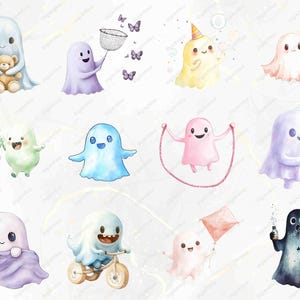 A spread of various cute ghost characters involved in playful activities like catching butterflies, jump-roping, and riding a tricycle. Each ghost brings a unique personality and playful expression, ideal for crafting and digital art.