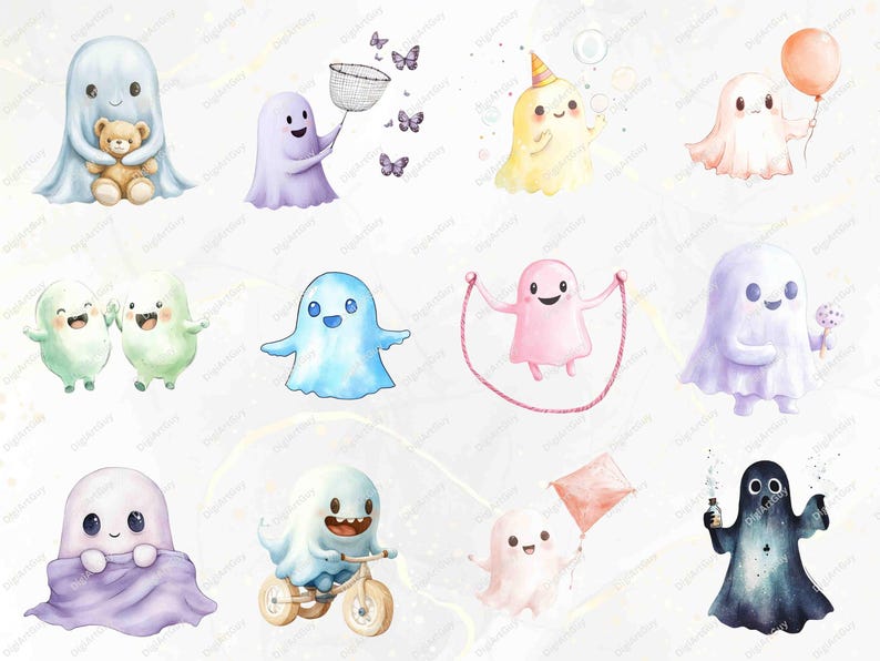 A spread of various cute ghost characters involved in playful activities like catching butterflies, jump-roping, and riding a tricycle. Each ghost brings a unique personality and playful expression, ideal for crafting and digital art.