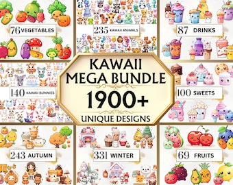 Kawaii Clipart Mega Bundle - 1900+ Cute Kawaii PNG Clipart, Kawaii Food,Kawaii Sweets, Kawaii Drinks,Kawaii Fall,Kawaii Animals,Kawaii Bunny