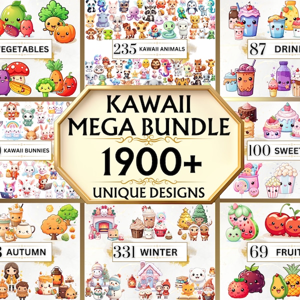 Mega Bundle de cliparts kawaii - plus de 1900 cliparts PNG Kawaii mignon, nourriture kawaii, bonbons kawaii, boissons kawaii, automne kawaii, animaux kawaii, lapin kawaii