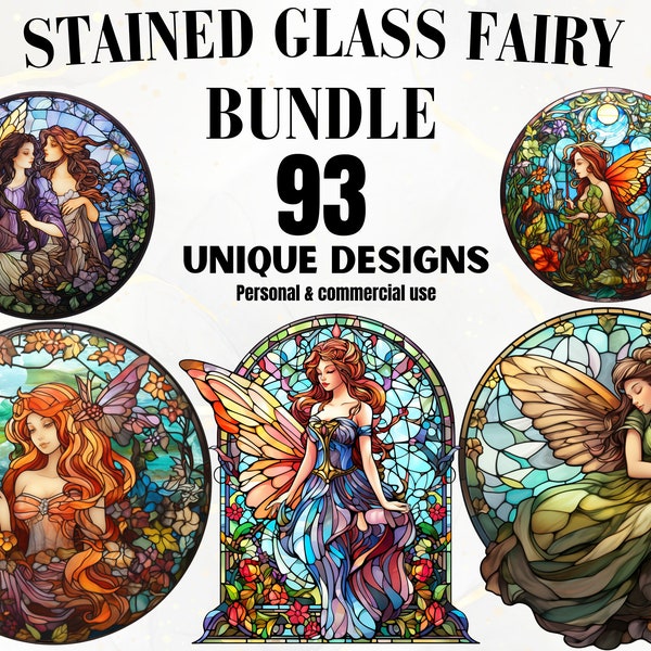 Stained Glass Fairy Watercolor Clipart - 93 Watercolor Fairy Images, Fairytale Clip Art, Fantasy Clipart, Fairy PNG bundle, Digital Download