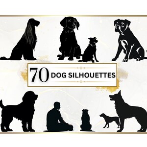 以下が含まれることがあります： さまざまなポーズをとった70の黒い犬のシルエットのコレクション。シルエットは、金色の縁取りのある白い背景にあります。