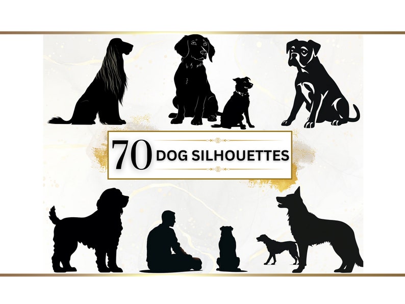 以下が含まれることがあります： さまざまなポーズをとった70の黒い犬のシルエットのコレクション。シルエットは、金色の縁取りのある白い背景にあります。
