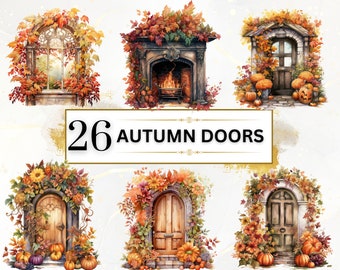 Autumn Door Bundle - 26 Fall Clipart PNGs, Fall Watercolor Clipart Bundle, Watercolor Autumn PNG Clipart, Fall Leaves, Fall PNG Designs
