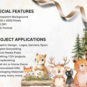 Special features of this woodland clipart set are highlighted, including transparent backgrounds and high-resolution PNGs. The image shows adorable woodland animals like a squirrel, bear, deer, and fox, perfect for scrapbooking or crafting projects.