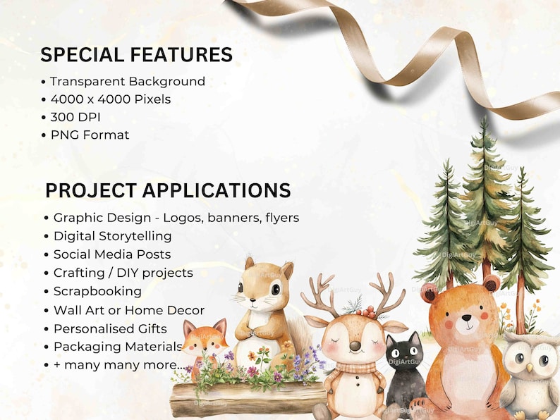 Special features of this woodland clipart set are highlighted, including transparent backgrounds and high-resolution PNGs. The image shows adorable woodland animals like a squirrel, bear, deer, and fox, perfect for scrapbooking or crafting projects.