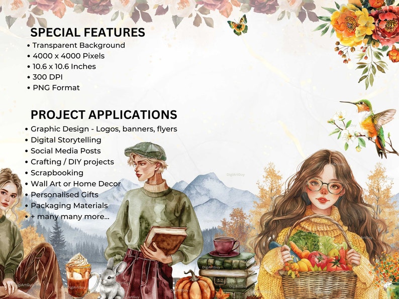 Description of special features of the images: transparent background, 4k pixels square, 10.6 x 10.6 inches. 300 DPI and PNG format.Project applications include graphic design, crafting, scrapbooking, personalised gifts and many more.
