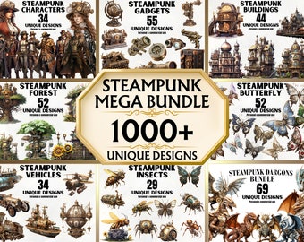 Steampunk Mega Clipart Bundle - plus de 1000 PNG Steampunk uniques, Clipart victorien, art fantastique, usage Commercial, décoration, bricolage, imprimable