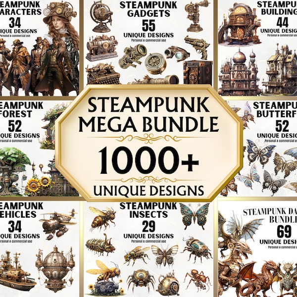 Steampunk Mega Clipart Bundle - 1000+ einzigartige Steampunk PNGs, viktorianische Cliparts, Fantasy Kunst, kommerzielle Nutzung, Dekor, DIY, printable