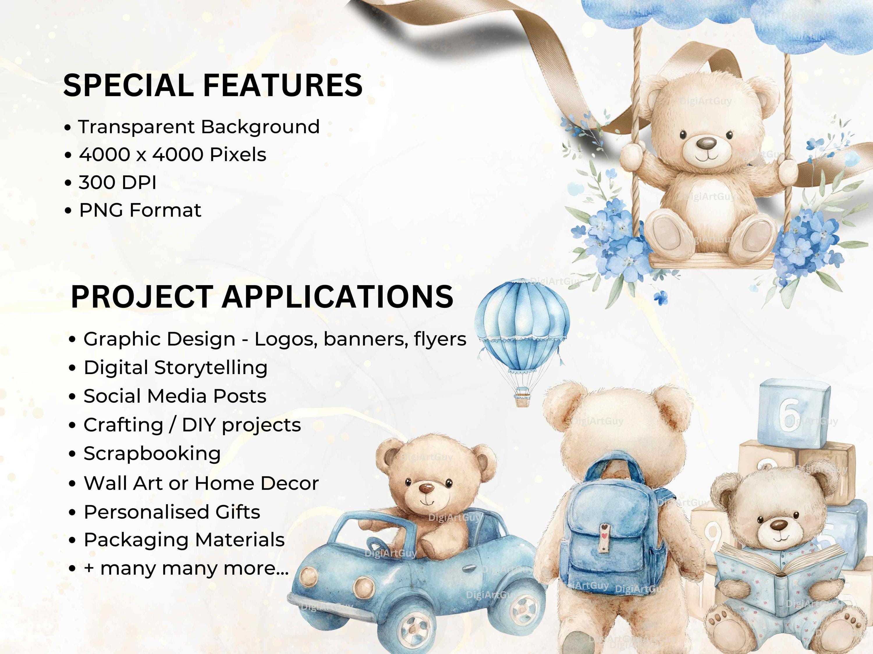 Blue Teddy Bear Watercolor Clipart Teddy Bear PNG Blue Baby Shower ...