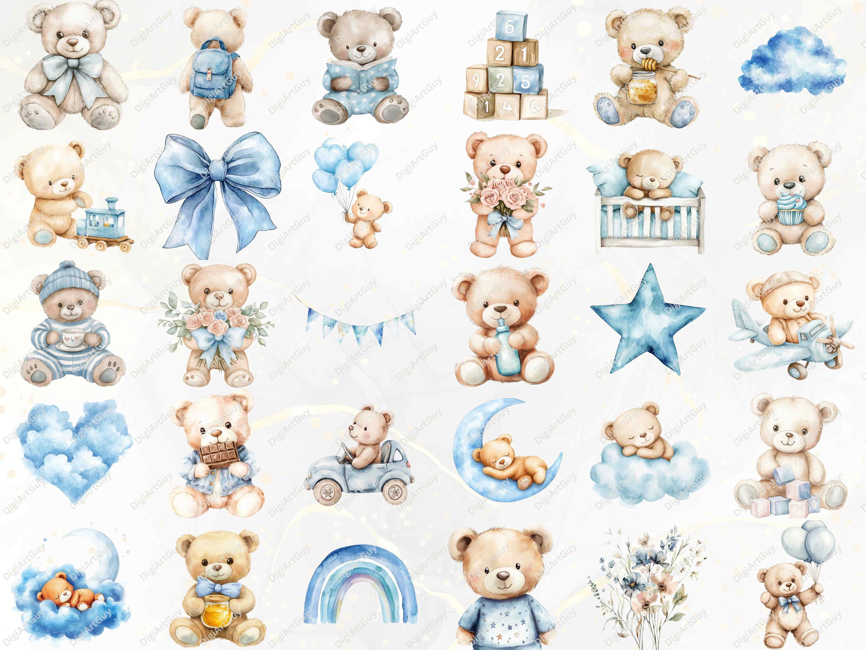 Blue Teddy Bear Watercolor Clipart Teddy Bear PNG Blue Baby Shower ...