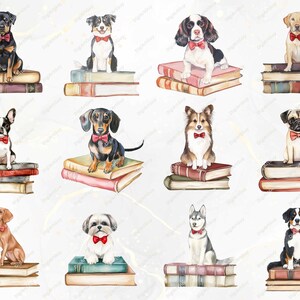 Another twelve illustrated dogs sitting on stacks of books, with breeds including Boston Terrier, German Shepherd, Sheltie, and Pug. The dogs are drawn in a soft watercolor aesthetic, making them ideal for artistic projects.