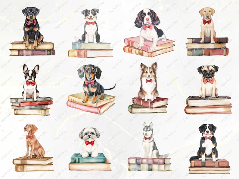 Another twelve illustrated dogs sitting on stacks of books, with breeds including Boston Terrier, German Shepherd, Sheltie, and Pug. The dogs are drawn in a soft watercolor aesthetic, making them ideal for artistic projects.
