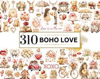 May include: A collection of 310 watercolor illustrations with a boho love theme. The illustrations include hearts, flowers, animals, and other romantic elements. The text "Love is in the air" and "310 Boho Love" are also included.