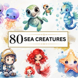 Niedliche Meerestiere Clipart - 80 Meerestiere Clipart, unter dem Meer PNG, süße Meerestiere Clipart, Unterwassertiere PNG, Meerjungfrau, Quallen