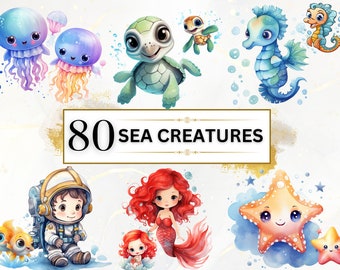 Clipart di graziose creature marine - 80 Clipart di animali marini, PNG sottomarini, Clipart di graziosi animali marini, PNG di animali sottomarini, Sirena, Medusa