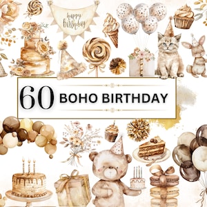 Boho verjaardag clipart bundel aquarel verjaardag PNG partij clipart ballon PNG gelukkige verjaardag clipart taart clipart set | Commerciële licentie