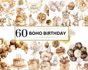 Boho Birthday Clipart Bundle Watercolor Birthday PNG Party Clipart Balloon PNG Happy Birthday Clipart Cake Clipart Set | Commercial License