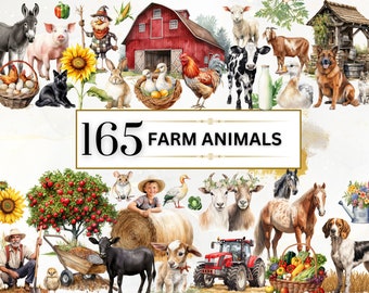Peut inclure: Une collection de 165 illustrations aquarelle d'animaux de ferme, y compris des vaches, des cochons, des poulets, des moutons, des chevaux, des chèvres et des chiens. Les illustrations sont sur un fond blanc avec une grange rouge, un puits et d'autres objets liés à la ferme.