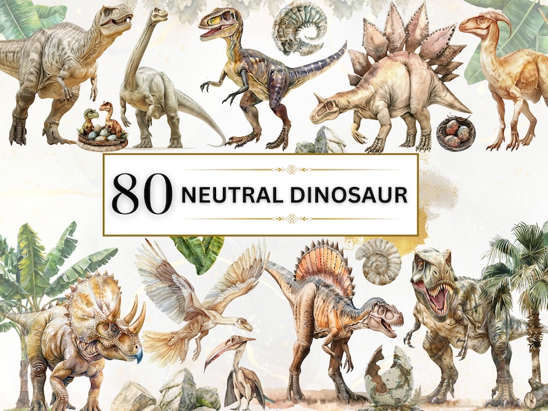 The image shows Watercolor Dinosaur Clipart Bundle featuring 80 designs including Pteranodon, Parasaurolophus, Leaellynasaura, Giganotosaurus, Apatosaurus, Archaeopteryx, Dilophosaurus, T-rex, Stegosaurus and more.