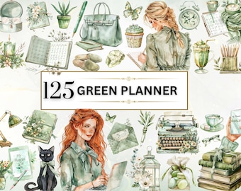 Watercolor Planner Clipart Green Journal Clipart Digital Planner Stickers Rustic Planner Girl PNG Planner Lover Clipart PNG | Commercial Use