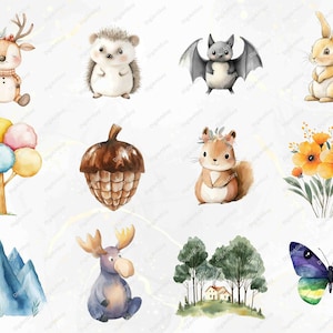 A delightful mix of woodland animals such as a pig, mouse, raccoon, fox, owl, and squirrel, accompanied by butterflies, leaves, and flower baskets. Ideal for creating nature-themed digital designs or physical crafts.