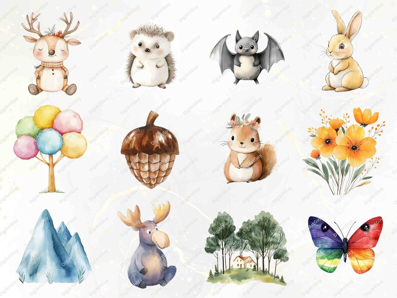 A delightful mix of woodland animals such as a pig, mouse, raccoon, fox, owl, and squirrel, accompanied by butterflies, leaves, and flower baskets. Ideal for creating nature-themed digital designs or physical crafts.