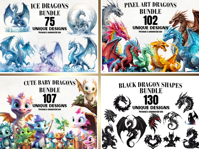 May include: Four digital art bundles featuring various dragon designs. The bundles are titled "Ice Dragons Bundle", "Pixel Art Dragons Bundle", "Cute Baby Dragons Bundle", and "Black Dragon Shapes Bundle". Each bundle includes a number of unique designs for personal and commercial use.