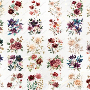 Puede incluir: Una colecci&oacute;n de arreglos florales en acuarela. Los ramos presentan rosas, lirios y otras flores en tonos de rojo, rosa, morado y crema, con follaje verde. Los arreglos est&aacute;n sobre un fondo blanco.
