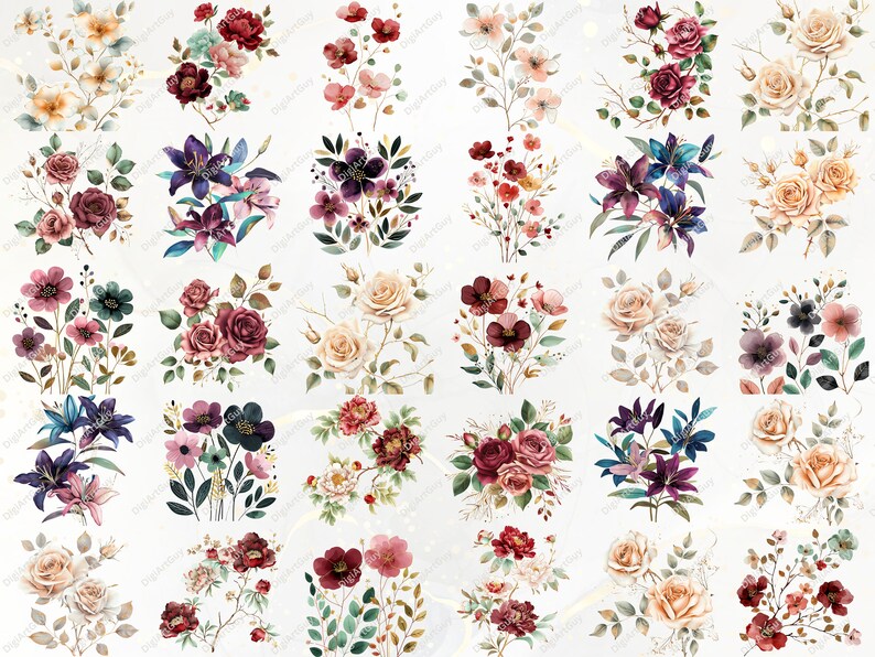 Puede incluir: Una colecci&oacute;n de arreglos florales en acuarela. Los ramos presentan rosas, lirios y otras flores en tonos de rojo, rosa, morado y crema, con follaje verde. Los arreglos est&aacute;n sobre un fondo blanco.