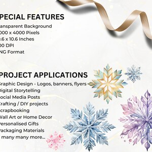 May include: A set of four digital watercolor snowflake illustrations in various colors, including gold, blue, purple, and pink. The snowflakes are isolated on a white background. The text "SPECIAL FEATURES" and "PROJECT APPLICATIONS" is listed with bullet points describing the features and applications of the digital illustrations.