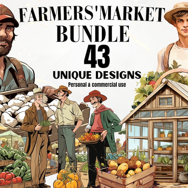 Farmers Market Clipart Bundle - 43 Farmers Market PNGs, Nursery Clipart Decor, Farm Animals Prints, Digital Download, Transparent PNGs