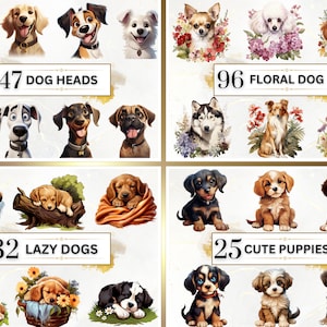 以下が含まれることがあります： 様々な犬種のデジタルイラストのコラージュ。左上のセクションには147の犬の頭、右上のセクションには96のフラワー犬のイラスト、左下のセクションには32の怠惰な犬、右下のセクションには25のかわいい子犬が描かれています。