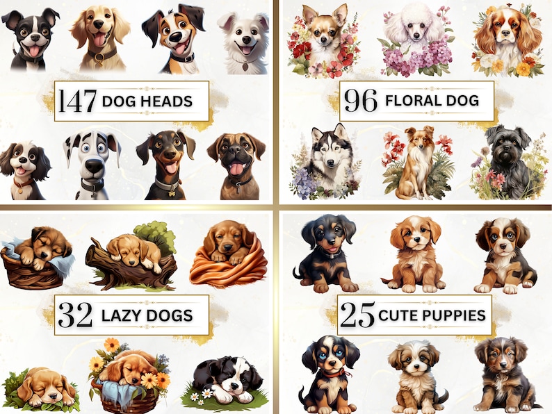以下が含まれることがあります： 様々な犬種のデジタルイラストのコラージュ。左上のセクションには147の犬の頭、右上のセクションには96のフラワー犬のイラスト、左下のセクションには32の怠惰な犬、右下のセクションには25のかわいい子犬が描かれています。
