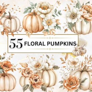 The image showcases a collection of beige and soft orange pumpkins adorned with cream, peach, and white flowers, accompanied by leaves and delicate branches in muted green and warm tan shades, all brought together in a cozy autumnal watercolor style.