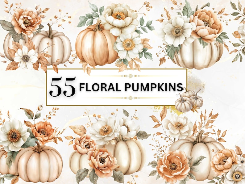 The image showcases a collection of beige and soft orange pumpkins adorned with cream, peach, and white flowers, accompanied by leaves and delicate branches in muted green and warm tan shades, all brought together in a cozy autumnal watercolor style.