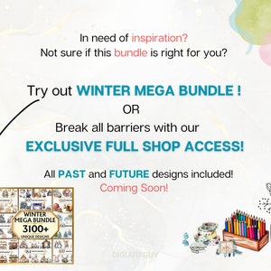 May include: A collage of winter-themed digital designs, including snowflakes, ornaments, and winter scenes. The text "WINTER MEGA BUNDLE 3100+ UNIQUE DESIGNS" is displayed on the collage. The text "Coming Soon!" is also displayed.