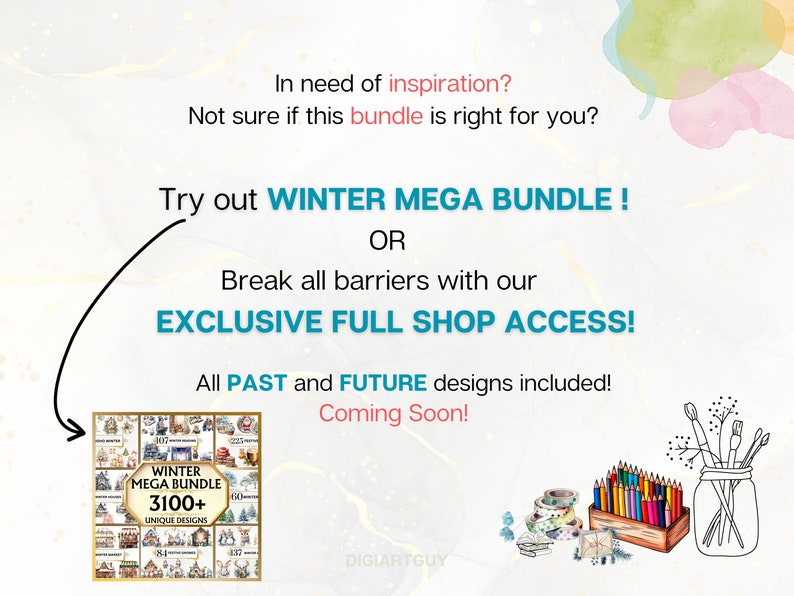 May include: A collage of winter-themed digital designs, including snowflakes, ornaments, and winter scenes. The text "WINTER MEGA BUNDLE 3100+ UNIQUE DESIGNS" is displayed on the collage. The text "Coming Soon!" is also displayed.
