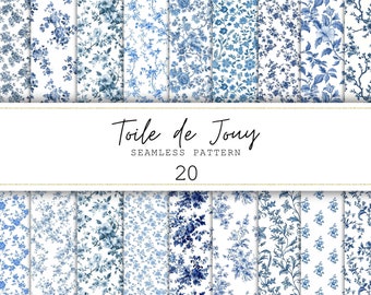 Toile de Jouy Seamless Pattern Vintage Floral Digital Paper Blue Floral Junk Journal Paper Chinoiserie Pattern French Toile Floral Pattern