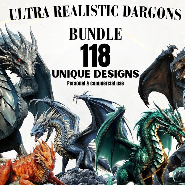 Ultra Realistic Dragons PNG Bundle - 118 Dragon PNGs, Dragon Clipart, Fantasy Clipart, Magical Creatures, Watercolor, Digital Download