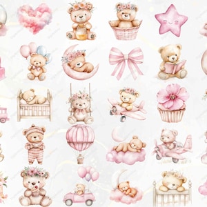 May include: A set of 25 digital clipart images featuring cute teddy bears in various poses and settings. The bears are wearing pink, white, and brown clothing and accessories. The images are perfect for scrapbooking, card making, and other craft projects.